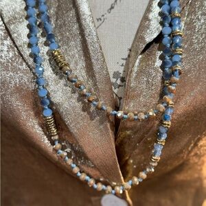 456. Blue and Gold Beaded Long Necklace 60” Strand NWT